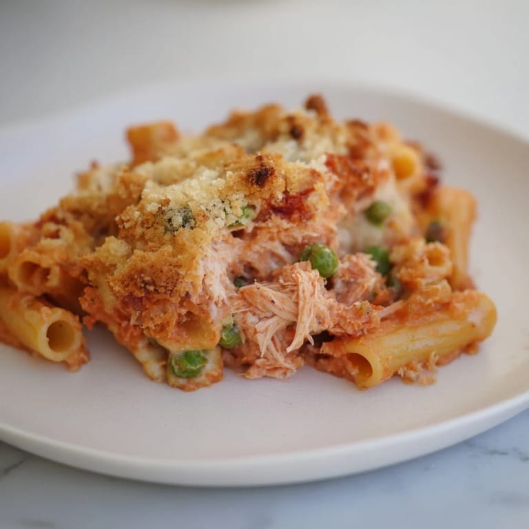 A close-up shot of creamy tuna pasta bake, with melted cheese and a breadcrumb topping.