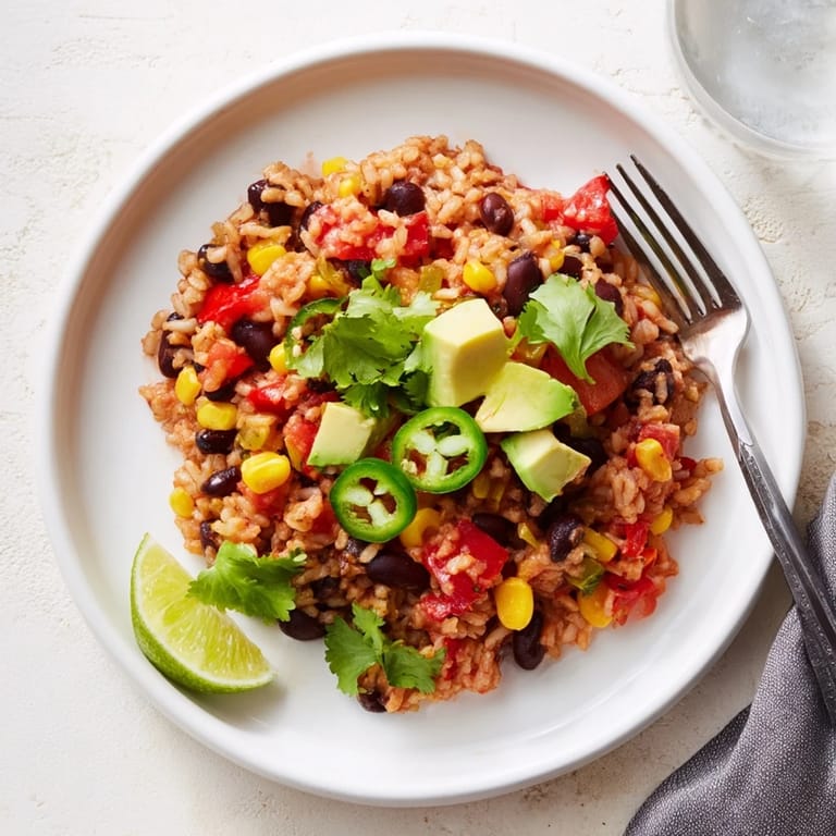 A complete view of One-Pot Mexican Rice & Beans, a vegetarian delight ready to be served, a simple one-pan meal.