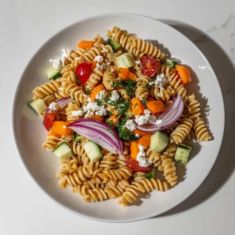 Freshly tossed pasta salad with seasonal veggies, a colorful, enticing and healthy meal.