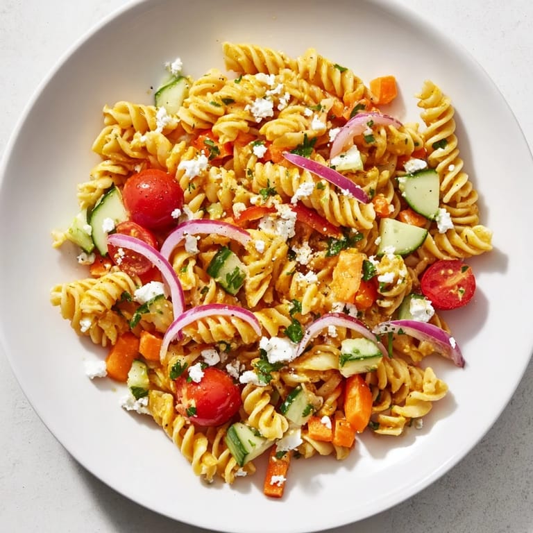 A close-up of pasta salad with seasonal veggies, showcasing colorful ingredients and tastes.
