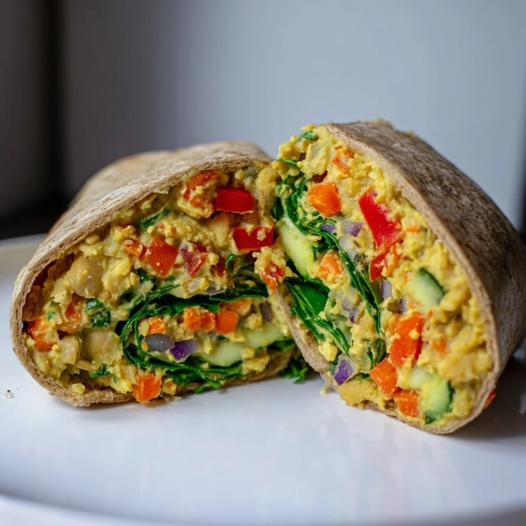 Enjoy a delicious chickpea salad wrap, with visible colorful peppers and carrots for lunch today.