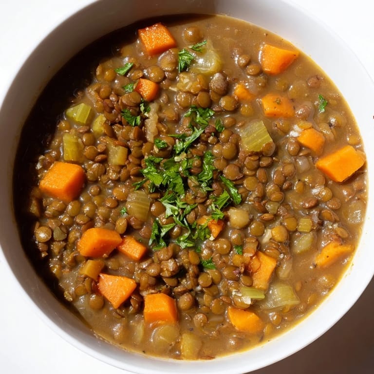 A vibrant close-up of hearty Lentil Soup, a comforting meal with visible carrots and lentils.