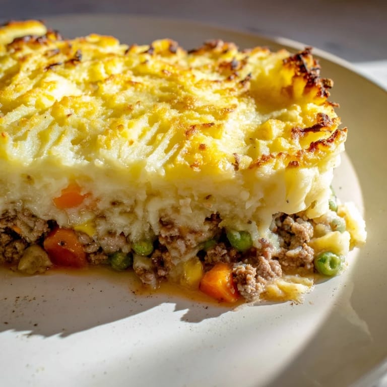 A close-up of a warm, cheesy Budget Shepherds Pie, perfect comfort food for cold nights.