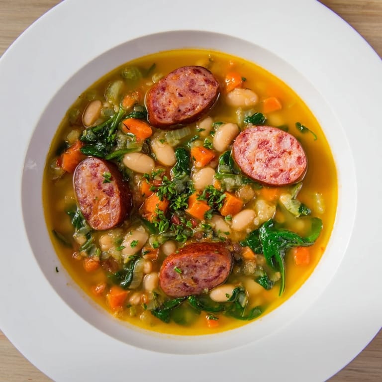A steaming bowl of Simple Sausage and White Bean Soup with visible sausage pieces and vegetables, perfect for dinner.