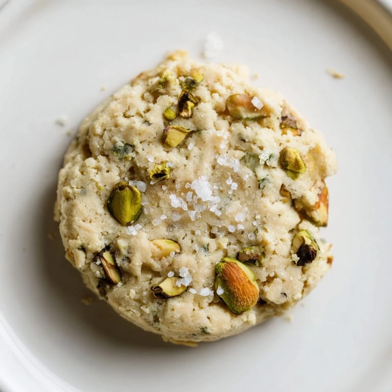 Buttery, sliced Salted Pistachio Shortbread radiating warmth, ready to enjoy with a cup of coffee.