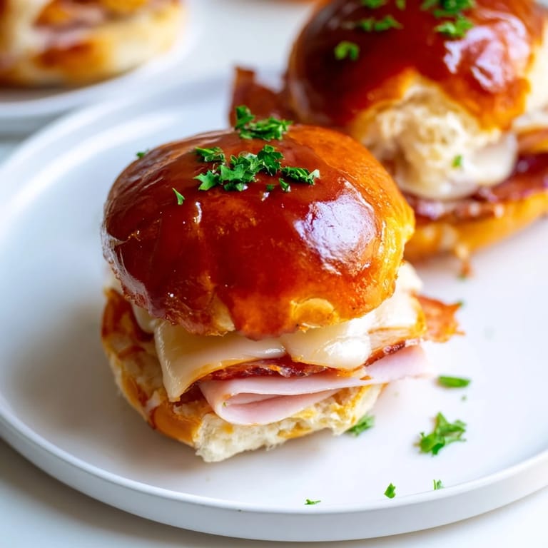 Savory and sweet, warm, baked Cherry-Glazed Ham and Cheese Sliders fresh from the oven, perfect for sharing.