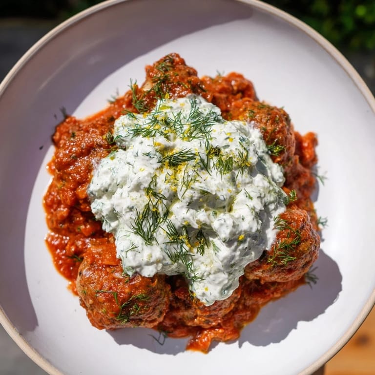 Perfectly cooked Instant Pot Greek Meatballs, served with a bright, tangy lemon-feta, ready to eat.