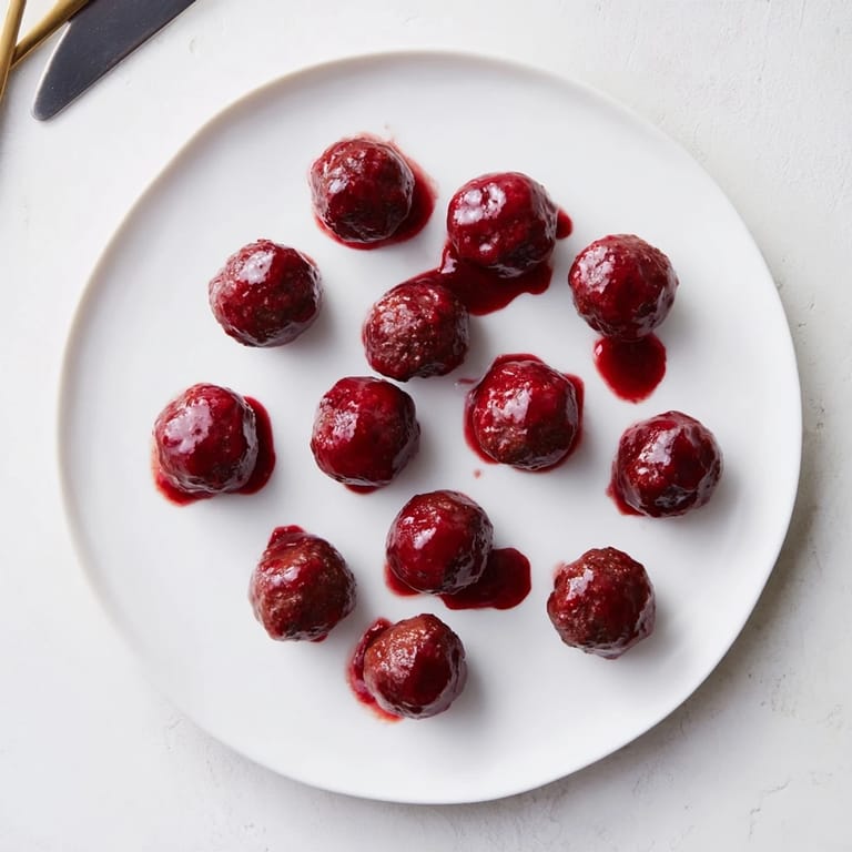 Close-up of tender, juicy cherry-glazed meatballs, ready to be enjoyed as a crowd-pleasing appetizer.
