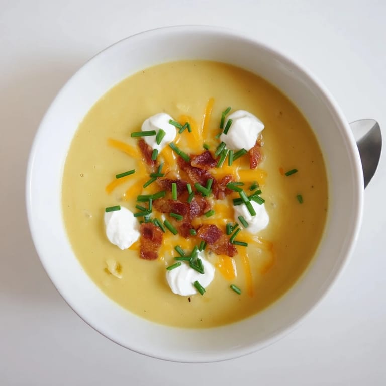This comforting Baked Potato Soup shows off creamy texture with melted cheese and fresh toppings.