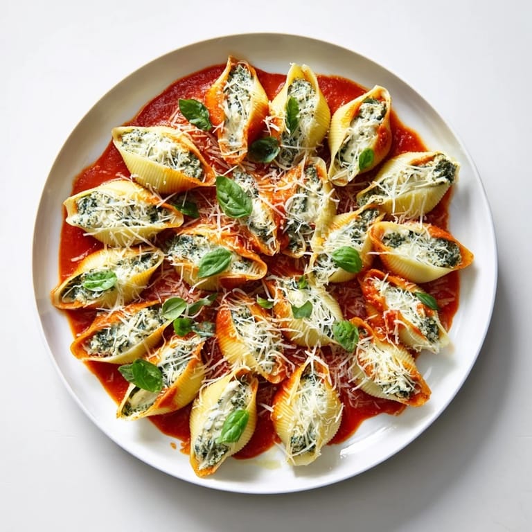 A close-up view of baked Pesto and Ricotta Stuffed Shells, showing the cheesy topping and pasta shells.