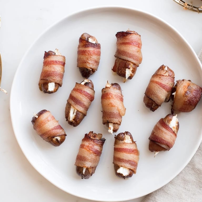 Mouthwatering close-up of bacon-wrapped dates; the salty bacon complements the sweet dates.