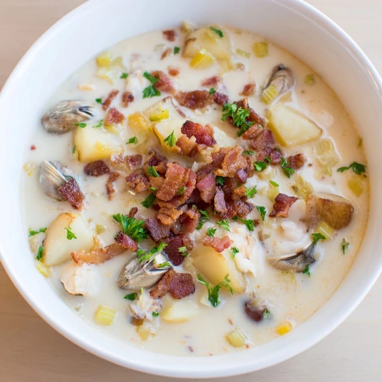 A steaming bowl of New England Clam Chowder with visible chunks of potato and tender clams.