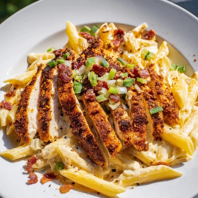 Savory Southern Style Creamy Parmesan Chicken Pasta, featuring sliced chicken atop perfectly coated pasta, ready for dinner tonight.