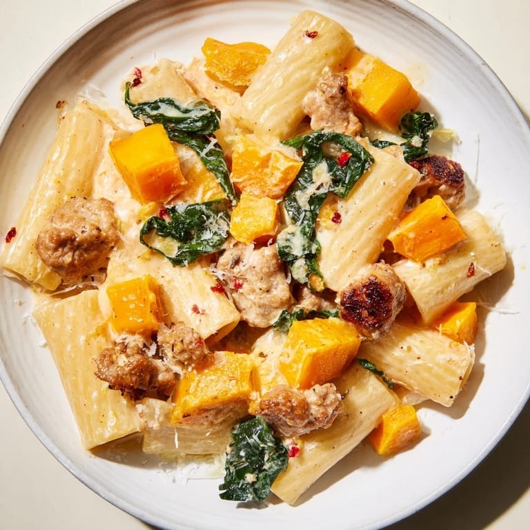 Enjoying a close-up of creamy rigatoni with squash, savory sausage, and fresh parmesan garnish.