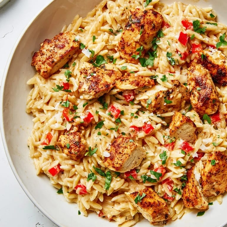 Close-up of One-Pot Cajun Chicken Alfredo Orzo showing tender chicken and creamy sauce.