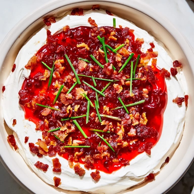 A vibrant close-up shows the bacon pepper jelly appetizer served with crackers, ready to eat.