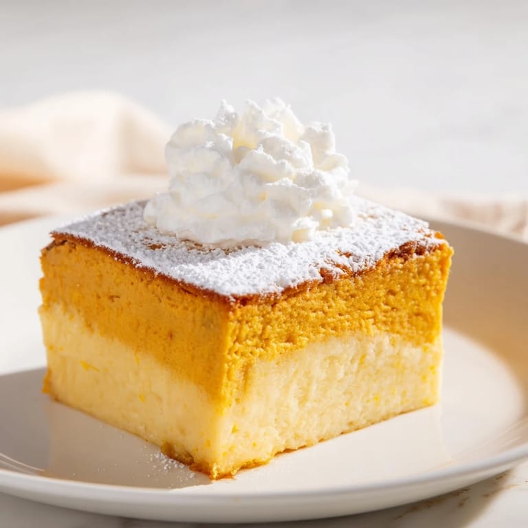 Homemade pumpkin magic cake with a golden crust and a soft, custard-like interior ready to eat.