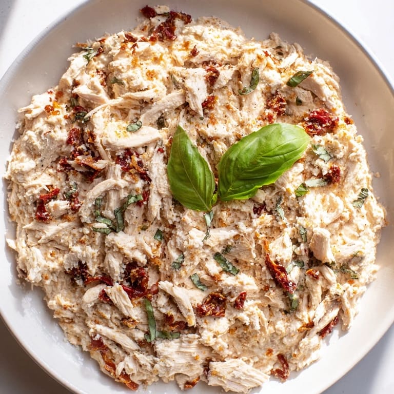 Warm and savory Lightened Marry Me Chicken Dip, featuring visible sun-dried tomatoes and shredded chicken pieces.