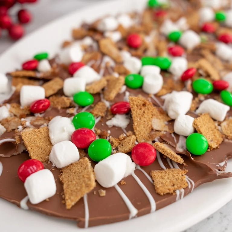 This image shows a tray of easy Quick Christmas Smores Bark, perfect for a sweet holiday dessert.