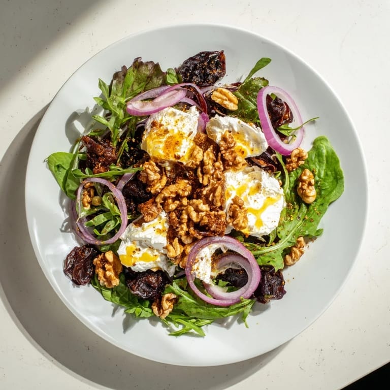 Freshly assembled Spiced Honey and Date Goat Cheese Salad, featuring vibrant greens and creamy goat cheese.