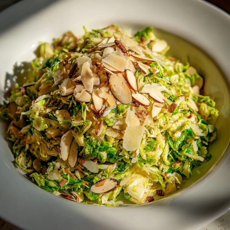 Vibrant plate of Crunchy Lemon Parmesan Brussels Sprouts Salad, mixed with lemon dressing, easy vegetarian salad.