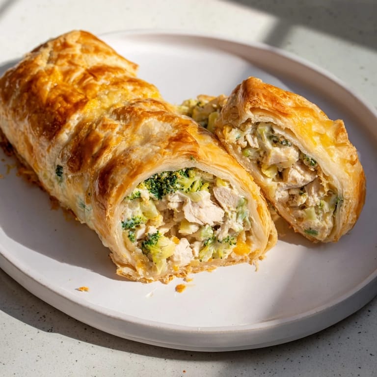 Delicious Creamy Chicken and Broccoli Puff Pastry Rolls featuring a golden crust, steaming filling with a perfectly balanced flavor.