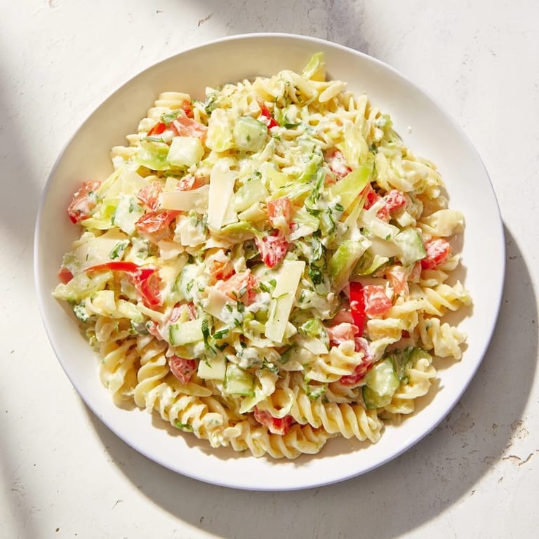 A bowl of Dill Pickle Chopped Pasta Salad: a tangy vegetarian dish perfect for summer potlucks.