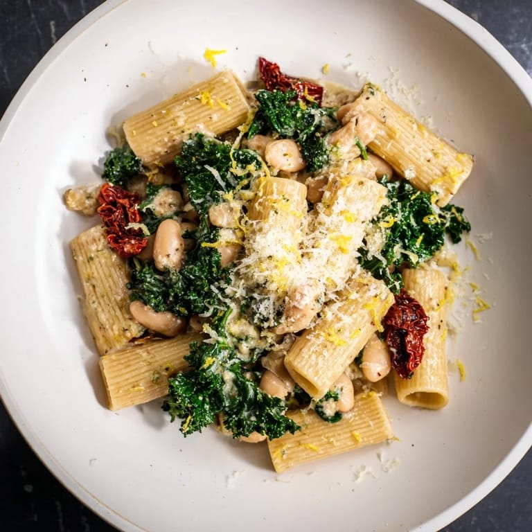 Creamy, flavorful Healthy Tuscan White Bean & Kale Christmas Pasta, ideal for a warm winter meal.