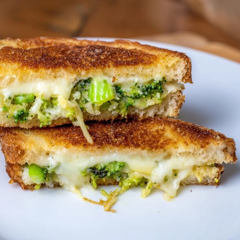 A close-up of a flavorful Air Fryer Broccoli Cheddar Stuffed Grilled Cheese, perfectly browned, ready to serve with soup.