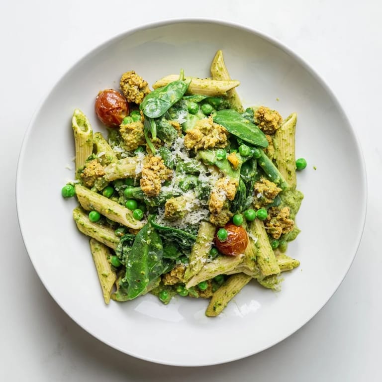 Easy one-pot creamy pesto pea protein pasta, brimming with fresh spinach and cherry tomatoes.