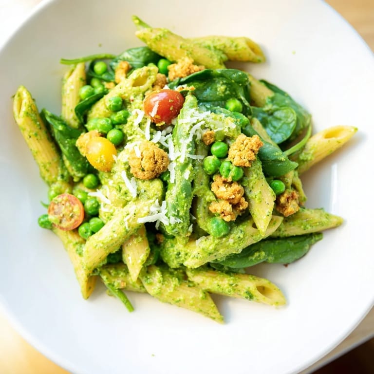 Perfectly cooked one-pot creamy pesto pea protein pasta with a swirl of green pesto, ready to eat.