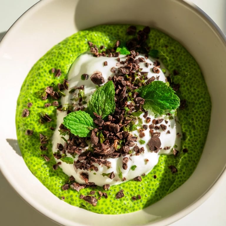 A delicious bowl of Grinch Green Mint Matcha Chia Pudding; a creamy vegan treat with chocolate chips.