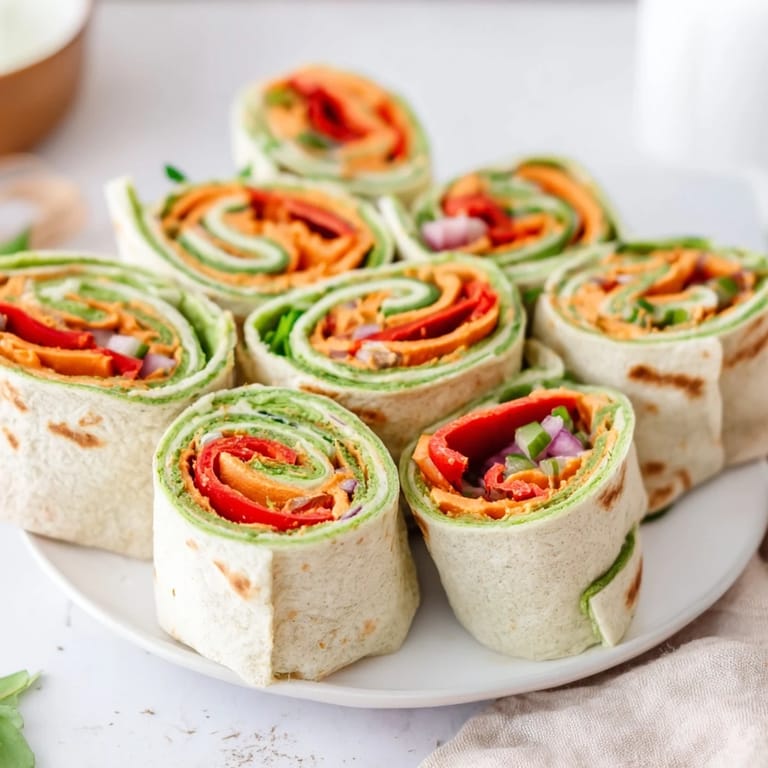 Delicious pinwheels of Roasted Veggie & Hummus Candy Cane Wrap, showcasing vibrant roasted vegetables and creamy hummus.