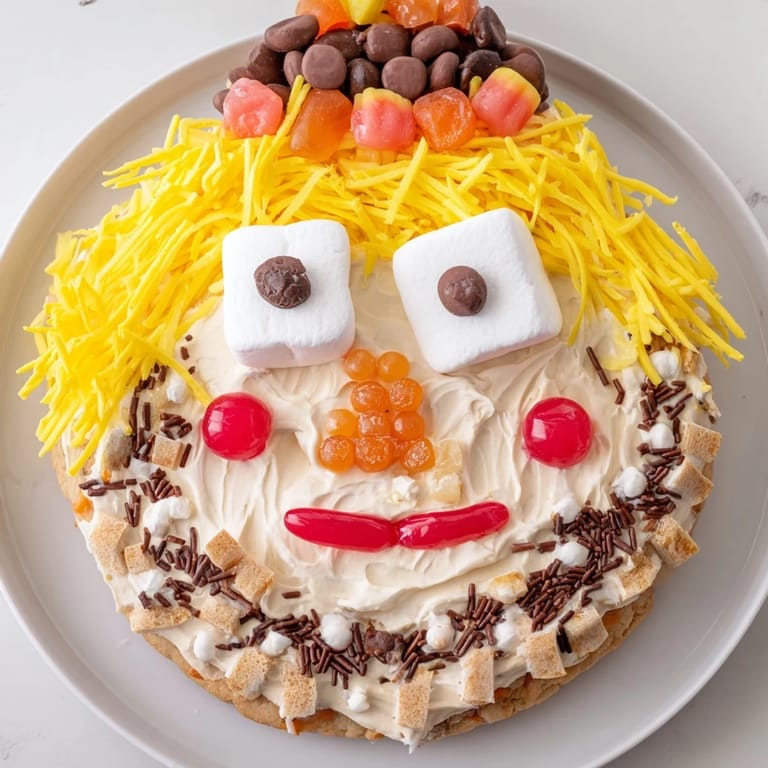 This whimsical Scarecrow Candy Platter is artfully decorated with candy corn, pretzels, and sprinkles for a fun treat.