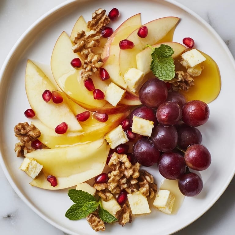 This colorful Apple Orchard Fruit Board is an inviting snack with apples, pears, and pomegranate seeds.