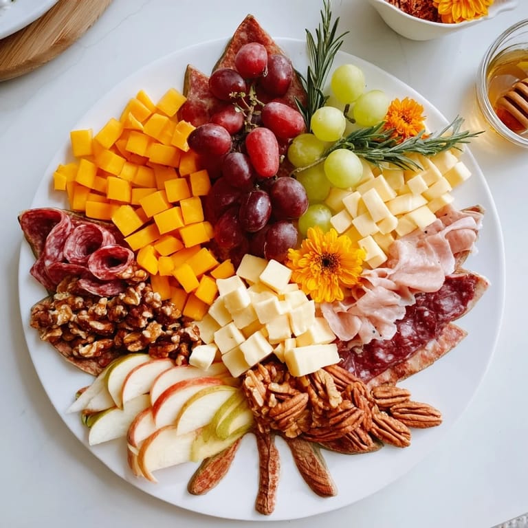 This colorful photograph showcases a delicious Maple Leaf Grazing Tray, perfect for fall gatherings.