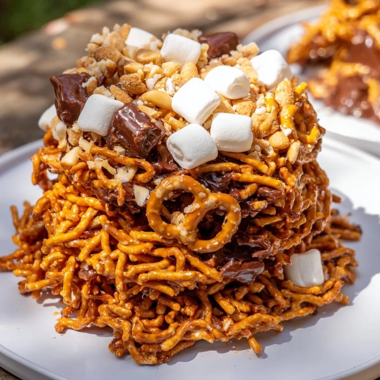 Close-up of a delightful Haystack Candy tower, a crunchy and sweet dessert perfect for sharing.