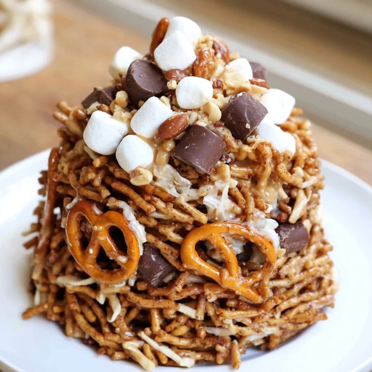 Sweet Haystack Candy creation, featuring layers of chocolate, pretzels, and toasted coconut; ready to eat.