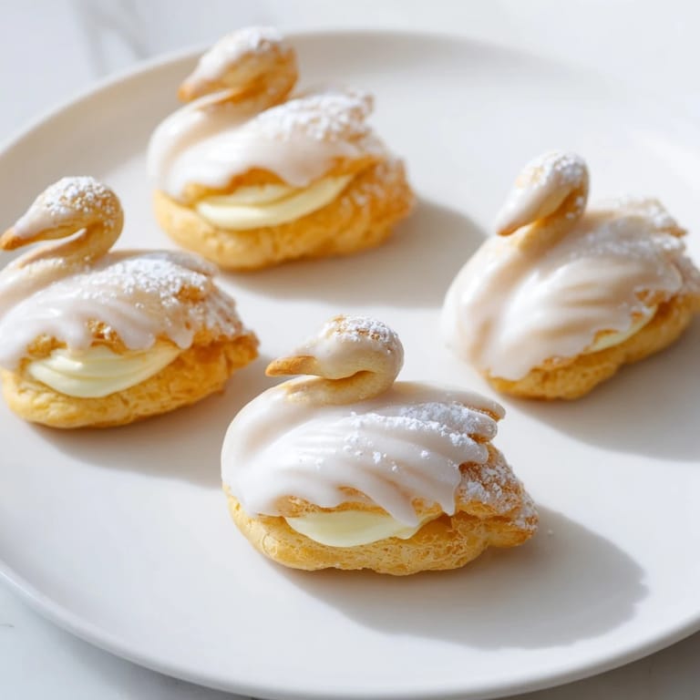 Delightful close-up of elegant swan petit fours, showcasing the vanilla cream filling and fondant.