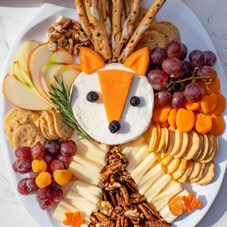 This inviting Whimsical Fox Fall Treat Board boasts a charming fox created of goat cheese and veggies.