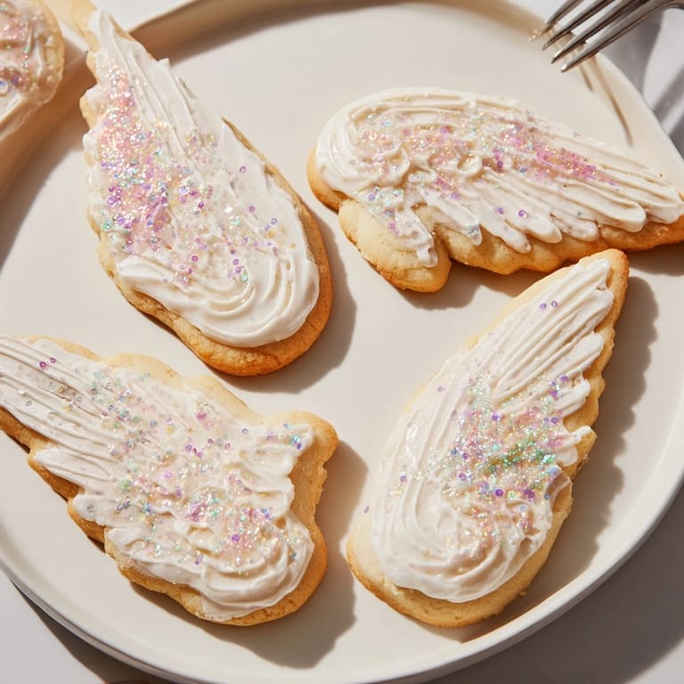 Close-up of golden-edged Angel Wings sugar cookies with perfectly piped icing, a sweet treat.
