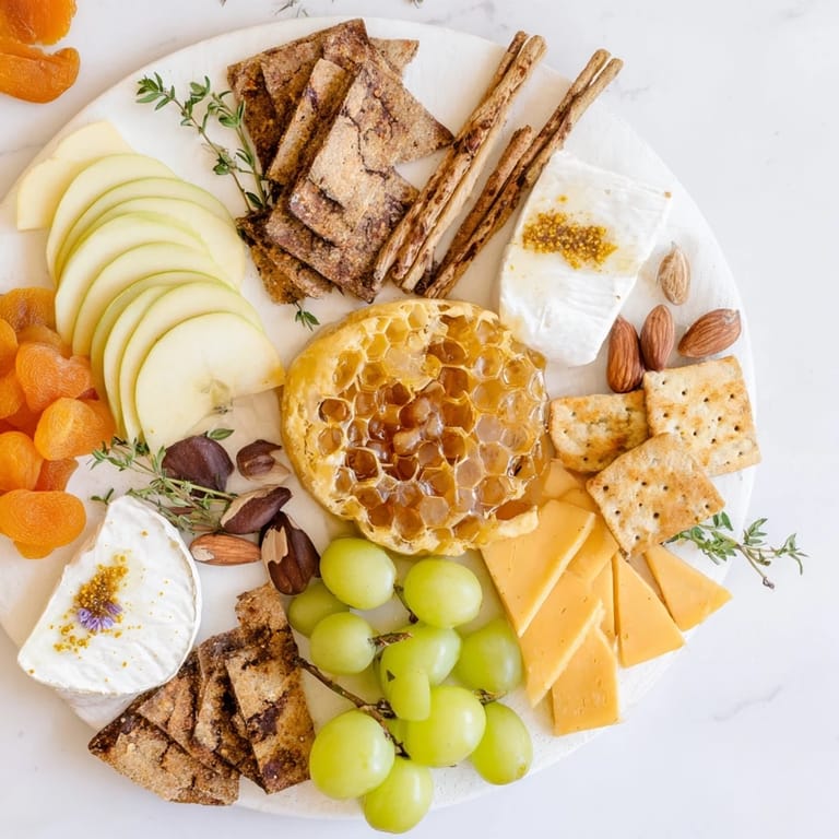 Delectable Busy Bee Honeycomb Snack Plate with fruits, cheeses and nuts, a perfect appetizer.