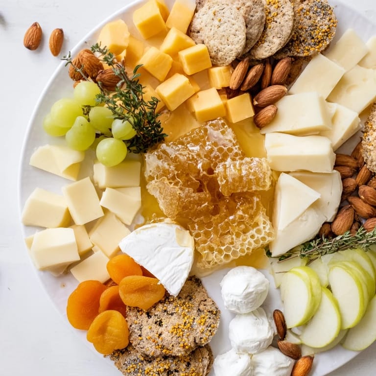 Sweet and savory Busy Bee Honeycomb Snack Plate, showcasing fresh fruit, cheese, and a honey drizzle.