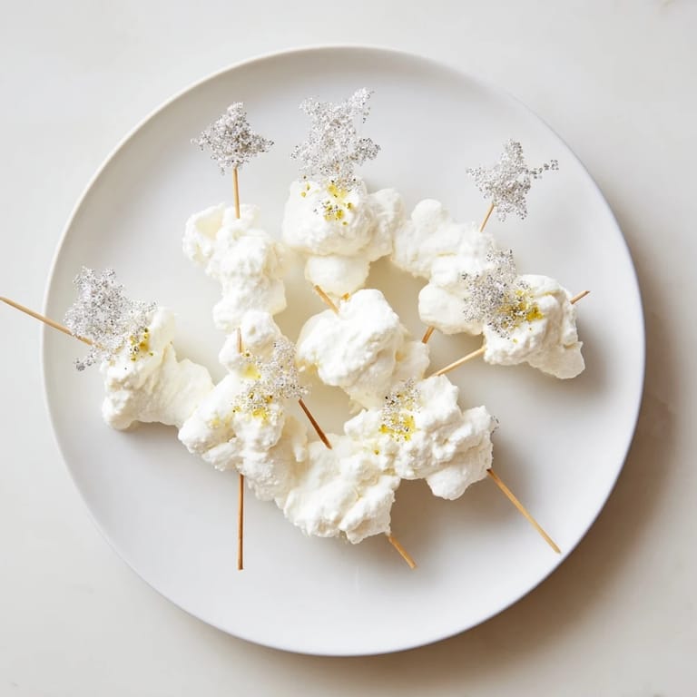 This appealing baby shower grazing board features fluffy cheese clouds alongside fresh lamb on skewers.