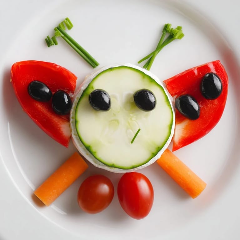 Vibrant Coccinelle Amusante features a cheese ladybug with red pepper wings surrounded by crisp carrot sticks and bread.