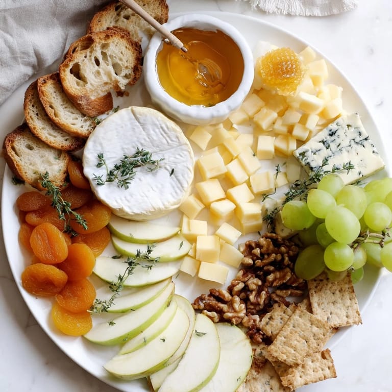 A beautiful Honeycomb, Honey & Cheese Board: a gourmet appetizer with grapes, nuts, and floral honey drizzled.