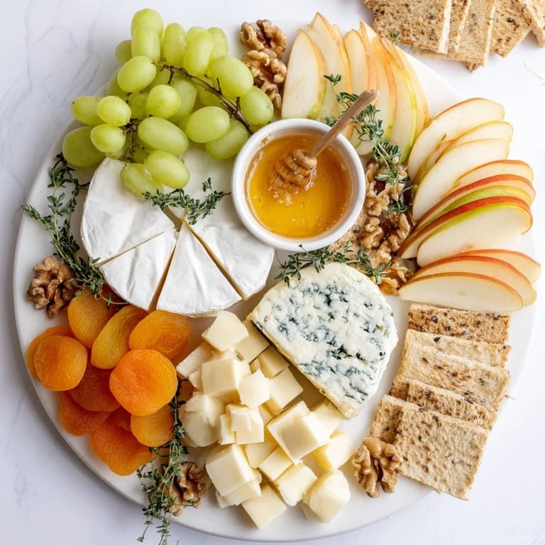 This Honeycomb, Honey & Cheese Board offers a stunning visual with assorted cheeses and fruit for sharing.