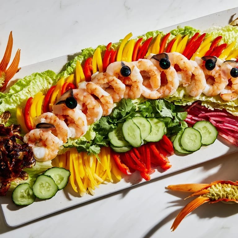 A festive Lunar New Year Dragon Platter, showcasing shrimp, potstickers, and fresh, crisp vegetables in a dragon shape.