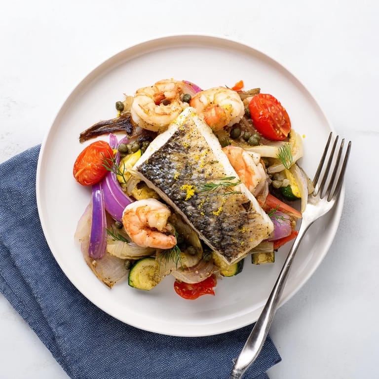 Golden-brown blue fish, shrimp, and tomatoes shine in this flavorful Plongeons dans l'Océan Poisson Bleu dish.