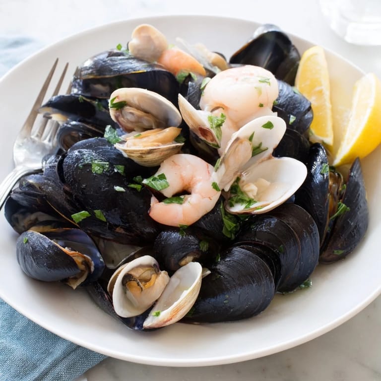 A close-up shot of the savory Shellfish & Seafood Medley, garnished with fresh parsley and lemon wedges.
